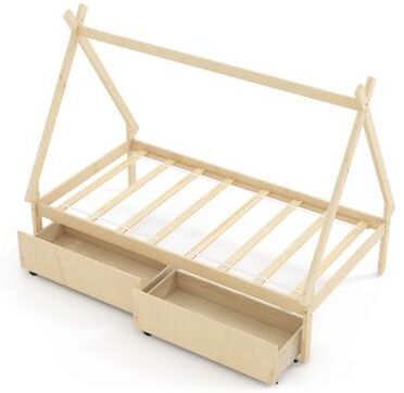 Costway Twin Size Wooden Tent Platform House Bed with 2 Drawers-Natural
