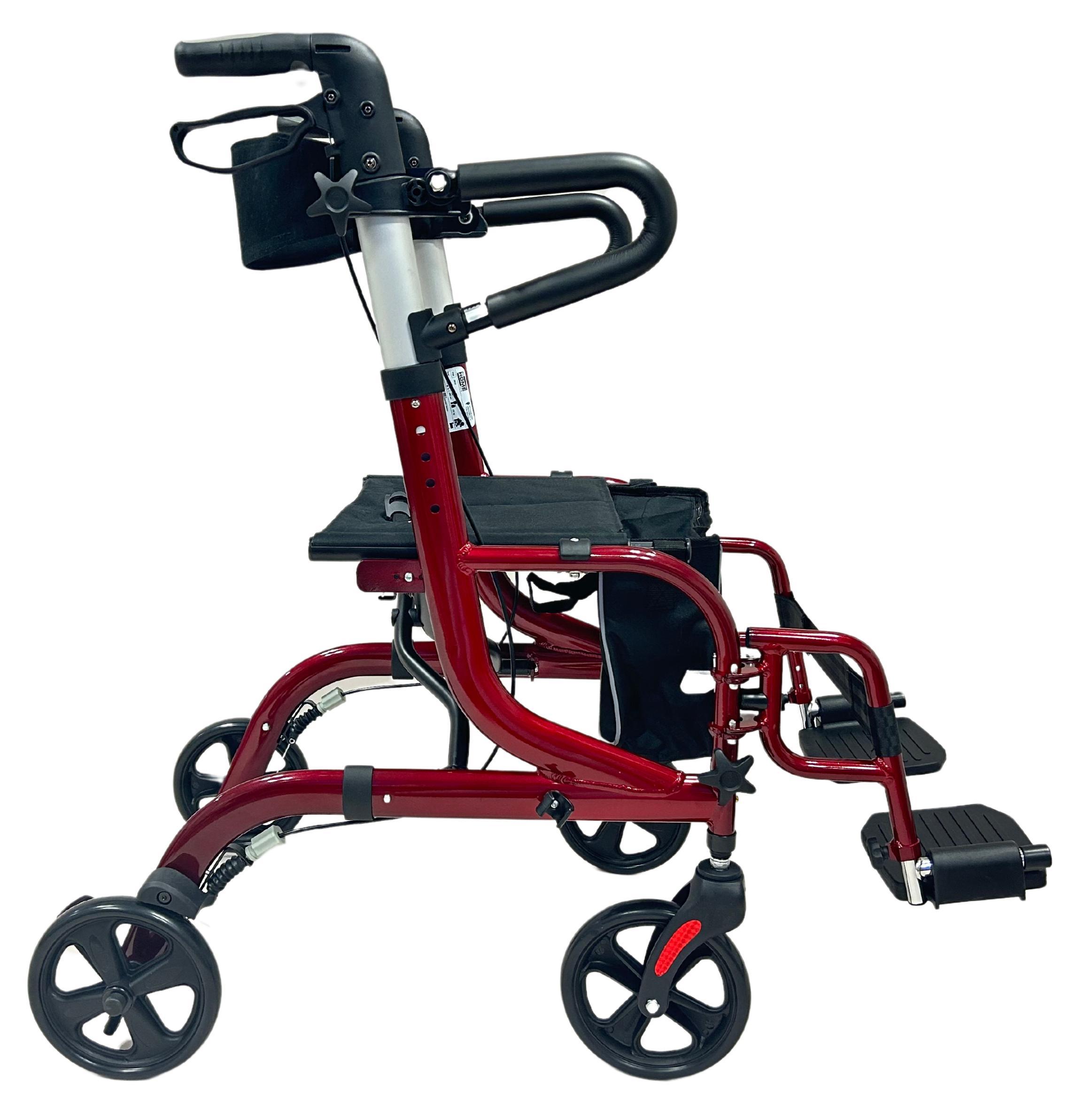 abc HOME | Rollator & Rollstuhl | 2in1 | klappbar | Tasche | verstellbare Höhe | Rot mit Armlehnen
