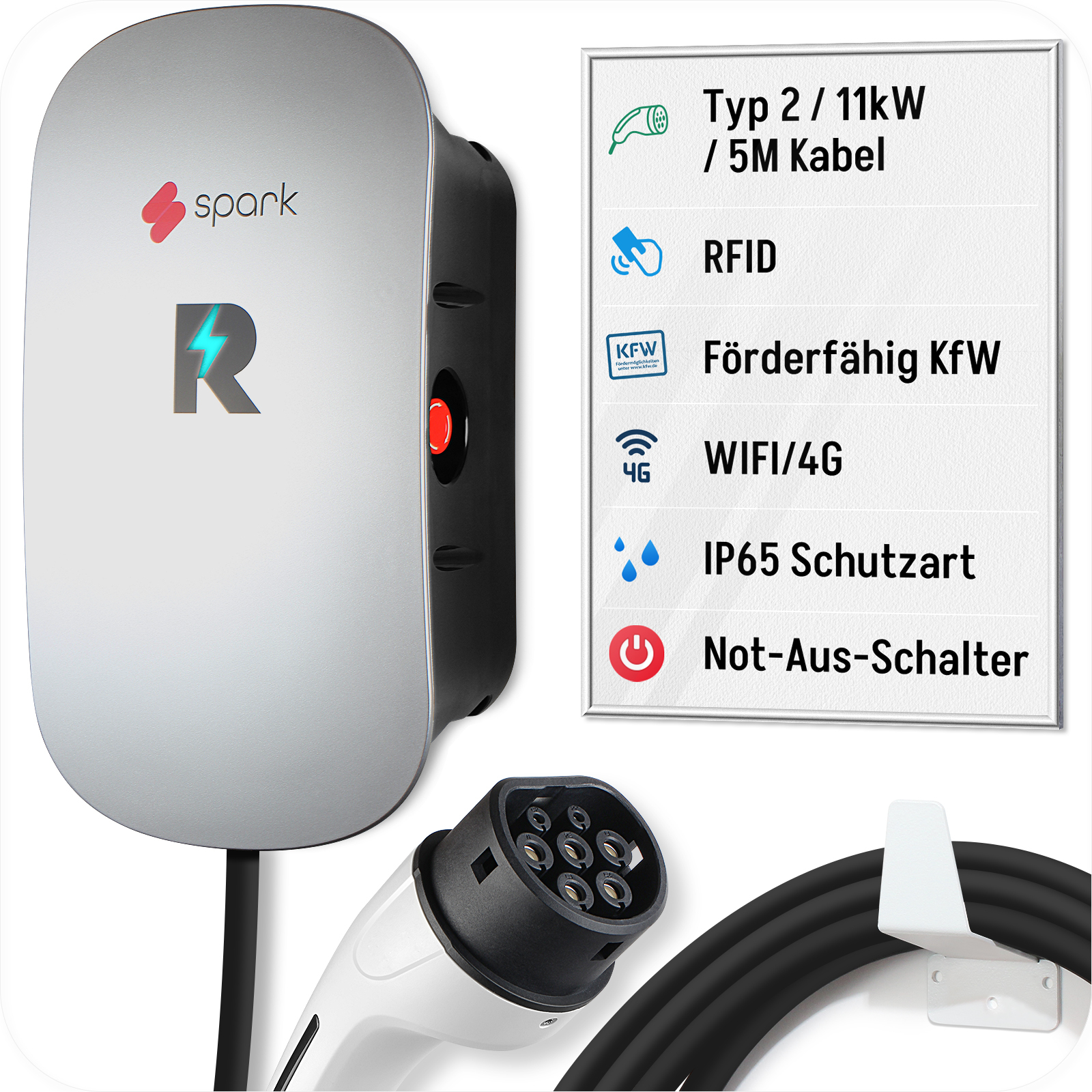 (KfW förderfähig) Spark AC Home Charging Box Wallbox Revolution - Kabel Version 5M, Ladereservierung-RFID-WIFI