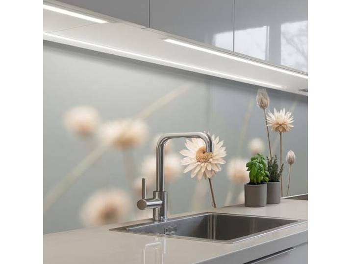 KitchenYeah© Rückwand Küche Rückwandschutz Selbstklebend Spritzschutz 80x250 cm - Küchenrückwand Küchenfront Küchen Selbstklebende Küchenrückwände Strohblumen - Weiß - Tageslicht