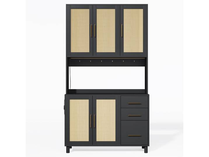 Vitrine haute en effet bois et rotin, éclairage LED, prises intégrées