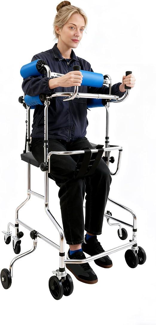 Komfort Reha Rollator Gehhilfe mit 8 Rollen 6 Bremsen verstellbare Höhe & Breite Anti-Rückneige verstellbare Höhe 116-140cm bis 100kg für Senioren Erwachsene
