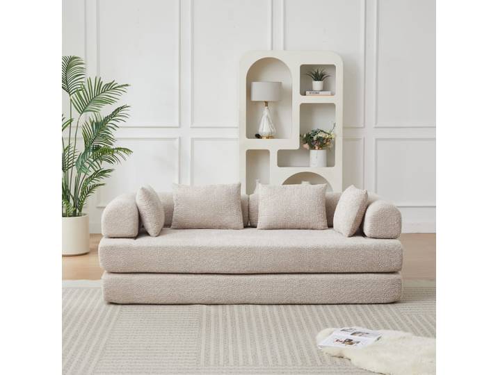 Canapé-lit modulable en chenille kaki avec 4 coussins