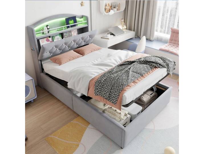 MODFU Lit capitonn enfant 90x200 lit simple avec LED et USB lit multifonctionnel avec espace de rangement en velours LIT COMBINE