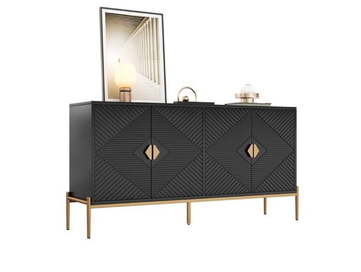 Buffet bas - Mid Century Modern - Noir - 4 portes - MDF & pieds métalliques