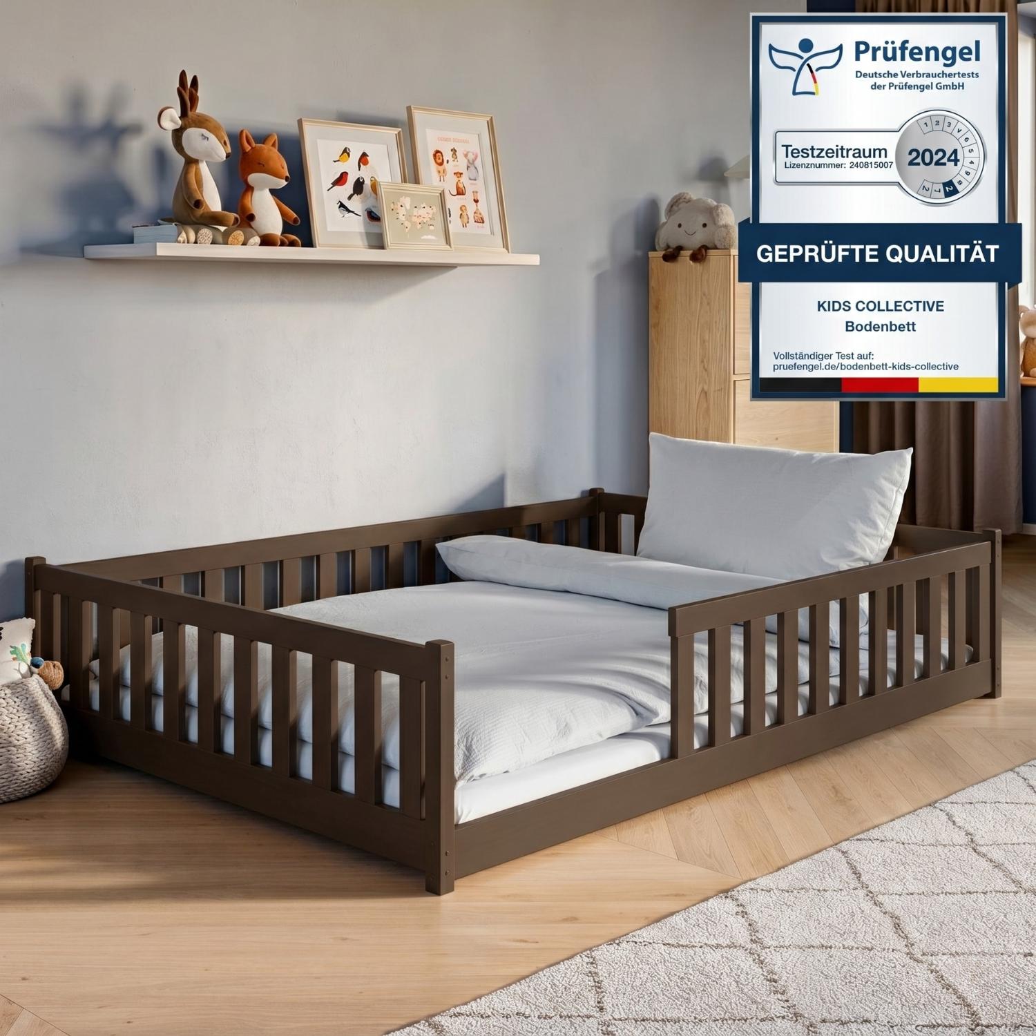 Kinderbett Bodenbett 140x200 cm mit Rausfallschutz, Matratze & Lattenrost Montessori Bett Bed Gitterbett Kinder Jugendbett Einzelbett | Zartbitterschokolade