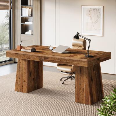 Bluebell 55-Inch Home Office Desk, Thick Wood Computer Executive Desk with Double Pedestal, Modern Minimalist Style