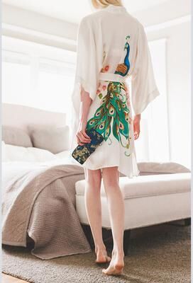 KIM + ONO Hand-Painted Silk Peacock Kimono - Short   KIM+ONO - white / one size