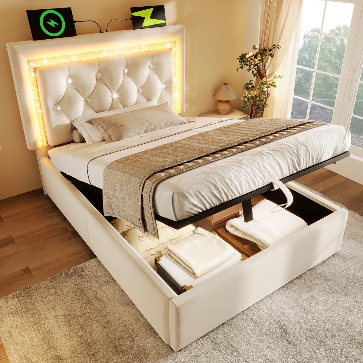 MODFU Bedframe met LED-verlichting, USB-oplaadpoort en opbergbox, Beige fluweel, 90x200 cm