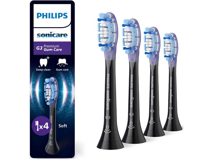 Aufsteckbürsten PHILIPS SONICARE G3 Premium Gum Care , schwarz, Zahnbürstenköpfe, 4 Stk., Aufsteckbürsten, für gesünderes Zahnfleisch, für jedes Sonicare Handstück