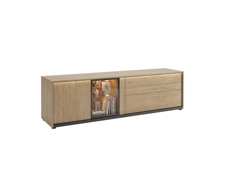 Stylife Lowboard Frame, Schwarz, Eiche, Kunststoff, 2 Fächer, 2 Schublade(n) Schubladen, E, tageslichtweiß, 195x57x40 cm, Beimöbel erhältlich, stehend, Wohnzimmer, Wohnwände, Lowboards, Lowboards stehend