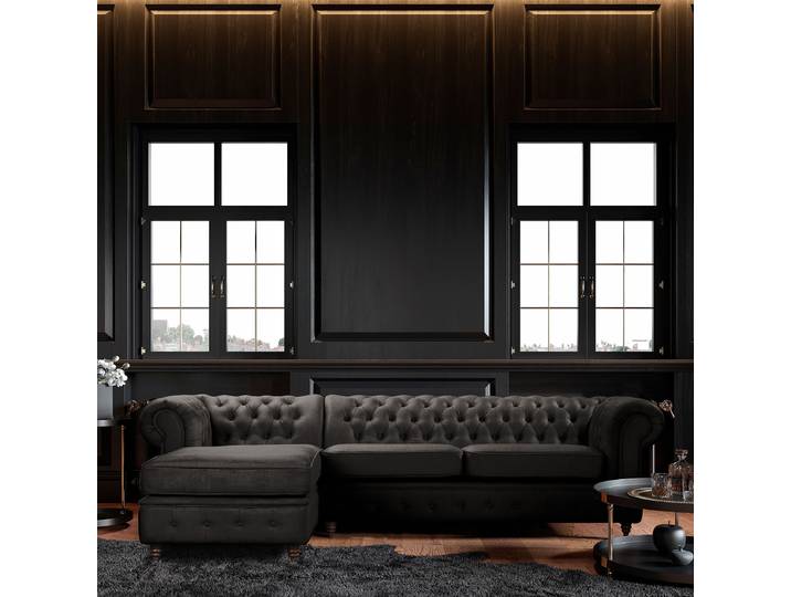 Ecksofa mit Ottomane Schwarz Microfaser Valeria 284 x 74 x 182cm Ottomane davorstehend rechts Schlaffunktion für dauerhafte Nutzung Glamour