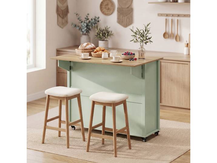 HOMCOM Îlot Cuisine Vert Plateau Pliant Rangement Roulettes 2 Tiroirs
