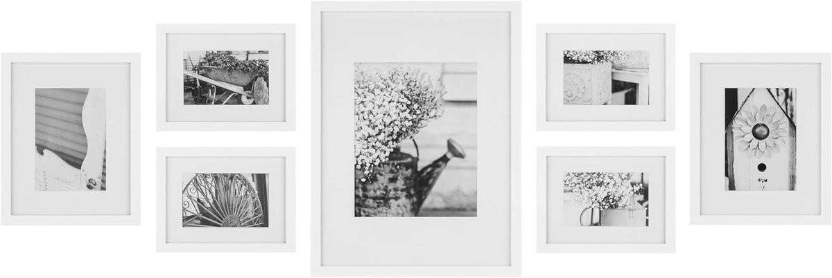 Set van 7 witte houten fotolijsten voor muurdecoratie inclusief sjabloon