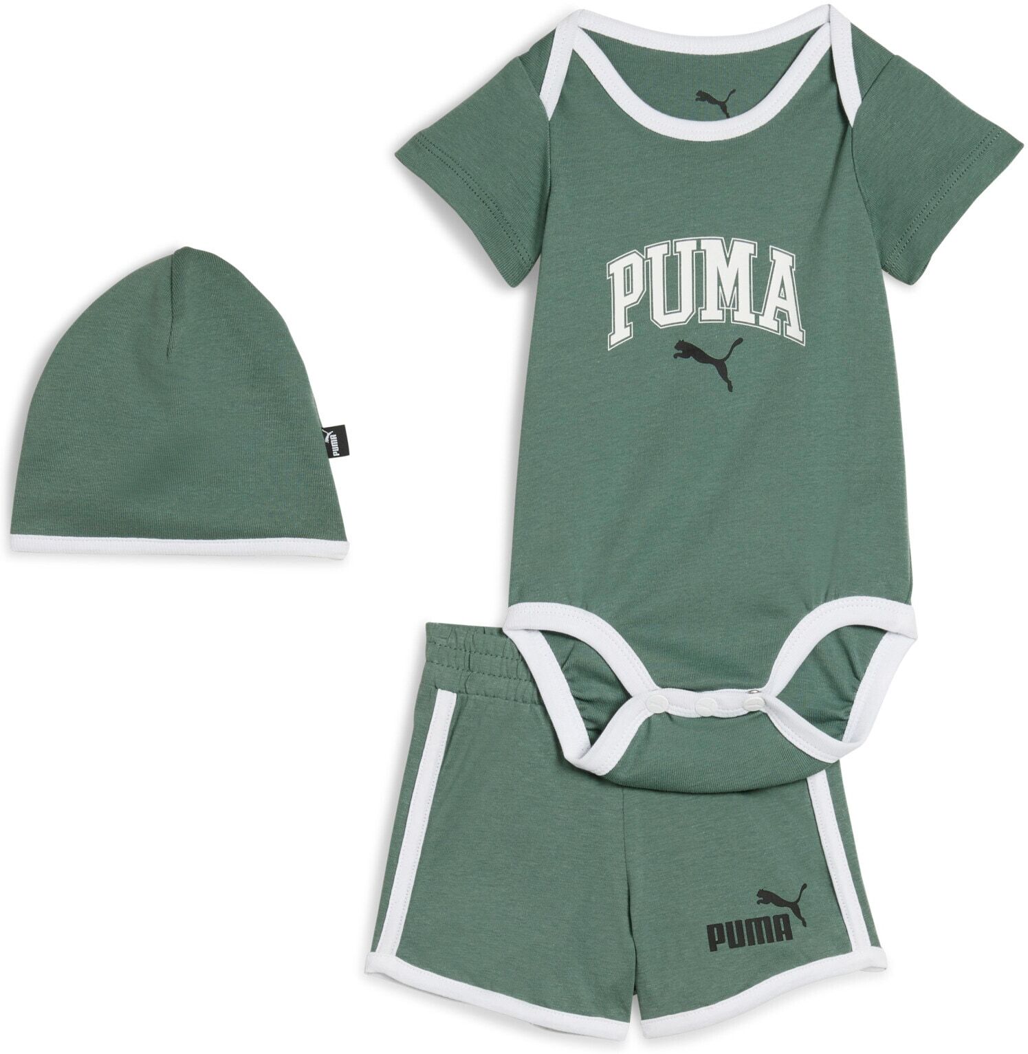 Trainingsanzug PUMA "MINICATS CLASS BORN 3-PIECE SET INF", Mädchen, Gr. 74, grün (grün moon), Obermaterial: 100% Baumwolle, unifarben, regular fit, Sportanzüge Trainingsanzug, 3-teiliges Set mit Body, Shorts und Accessoire, sportlicher Stil grün moon 74