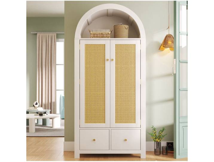 Armoire de chambre blanche style campagne 181x78x45 cm avec tressage en rotin 2 portes 2 tiroirs FOLYNA