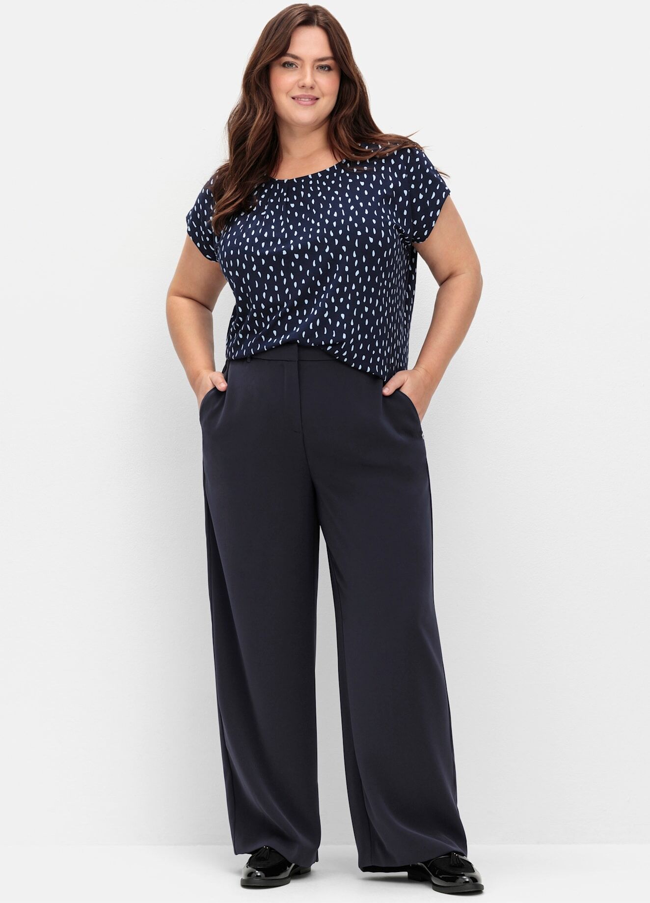 Stoffhose SHEEGO, Damen, Gr. 58, Normalgrössen, blau (tiefblau), 100% Polyester, unifarben, Hosen Stoffhose tiefblau 58, Normalgrössen