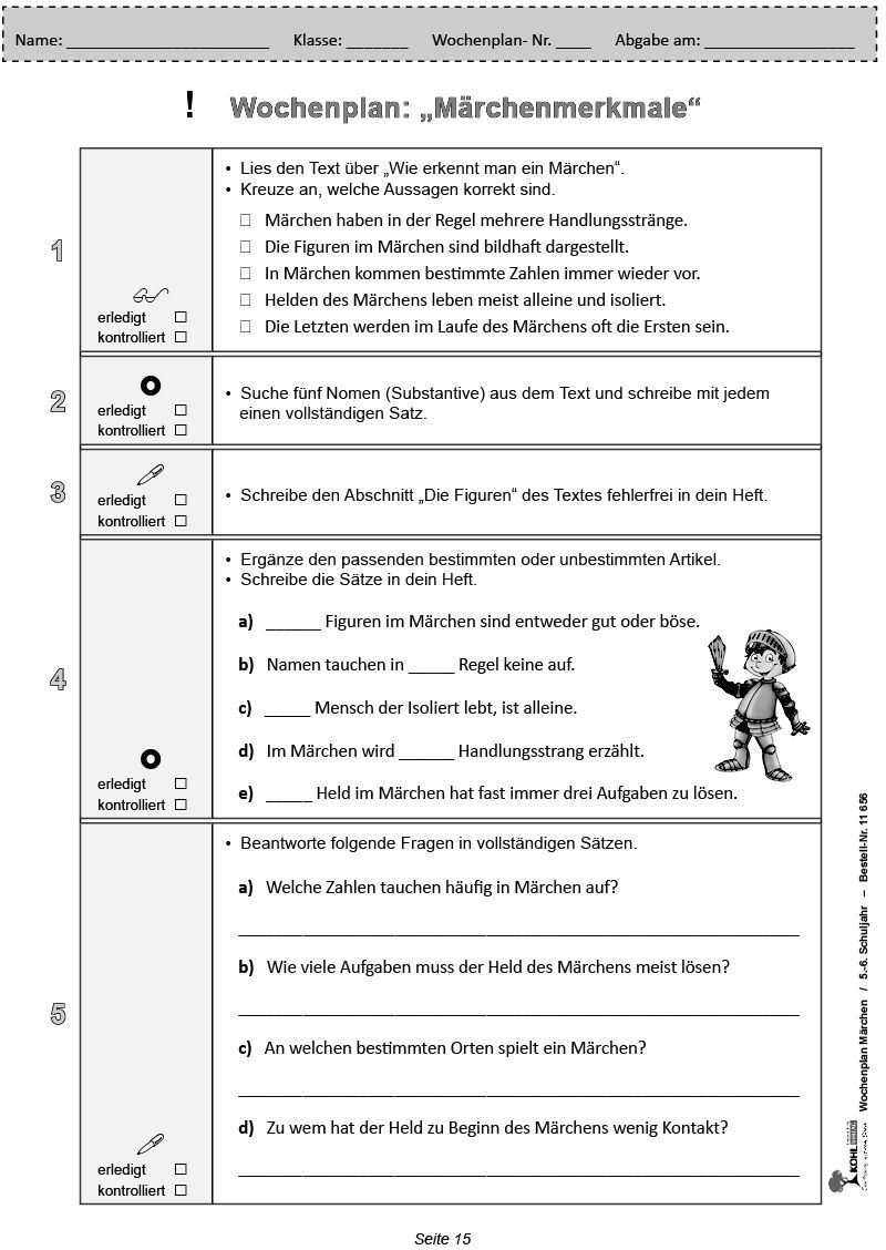KOHL Verlag Wochenplan Märchen / Klasse 5-6