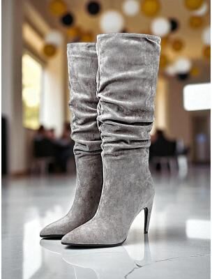 LightInthebox Women's Green Velvet Slouch Knee High Boots - Pointed Toe Stiletto Heels for Party, Night Out Holiday Glam Looks