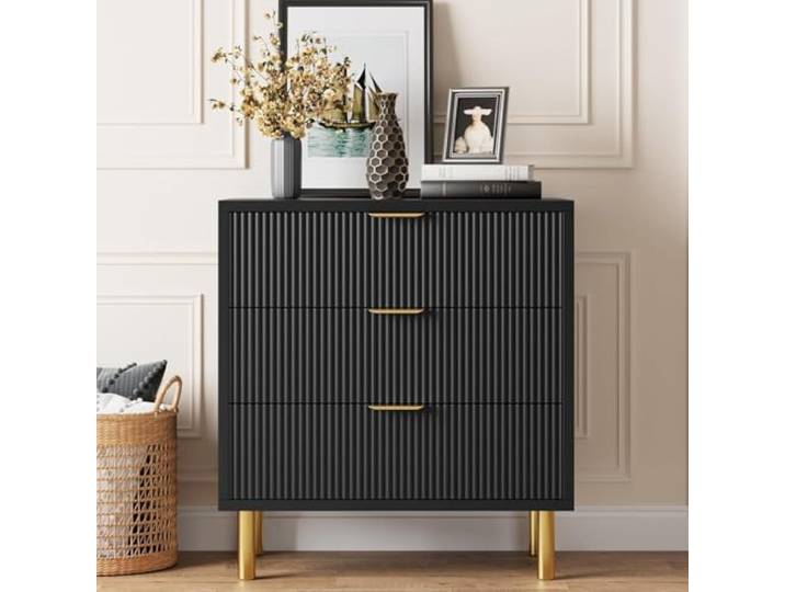 Zstar Geriffelte Kommode 3 Schubladen Farmhouse‑Stil goldene Griffe schwarz
