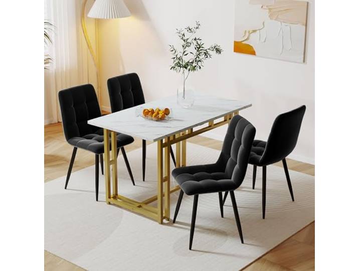KUAKE 120x70cm Esstisch mit 4 Stühlen Set,Moderne Küche Esstisch Set, Gold Eisen Beintisch (Schwarz Esszimmerstühle)