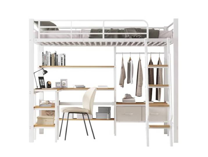 I0I&I0I Hochbett Mit Schreibtisch Und Regal Schrägtreppe Mit Stoffboxen Für Jugendzimmer Homeoffice Stauraumlösung Aus Eisen MDF