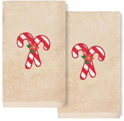 Authentic Hotel and Spa Christmas Candy Canes Embroidered Luxury 100% Turkish Cotton Hand Towels (Set of 2)