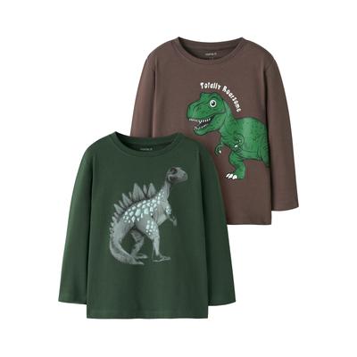 Langarmshirt NAME IT "NMMNEDIN 2P LS NREG TOP BOX PB", Jungen, Gr. 98, bunt (shopping bag pack:sycamore), Jersey, Obermaterial: 100% Baumwolle, bedruckt, normal, Rundhals, Shirts Langarmshirt, Baumwolle, regular fit, Dino Druck