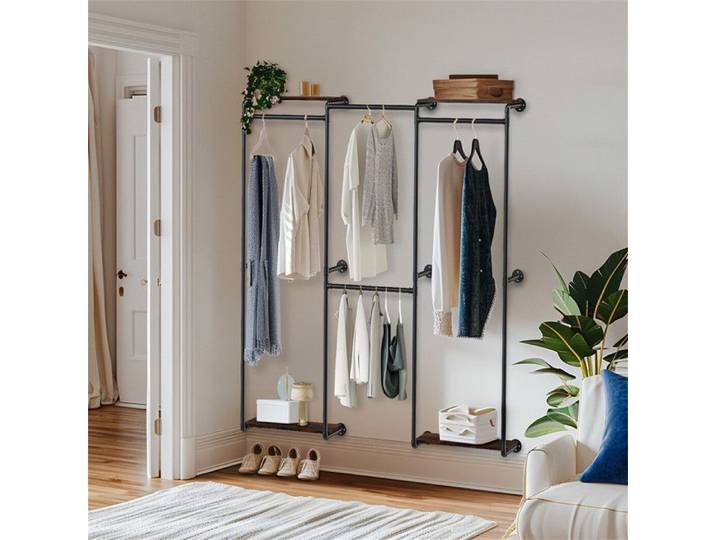 Portant à Vêtement Solide Mural - Tringle Penderie Industriel Double Barre Manteau Porte-Manteau pour Chambre - 185x200cm