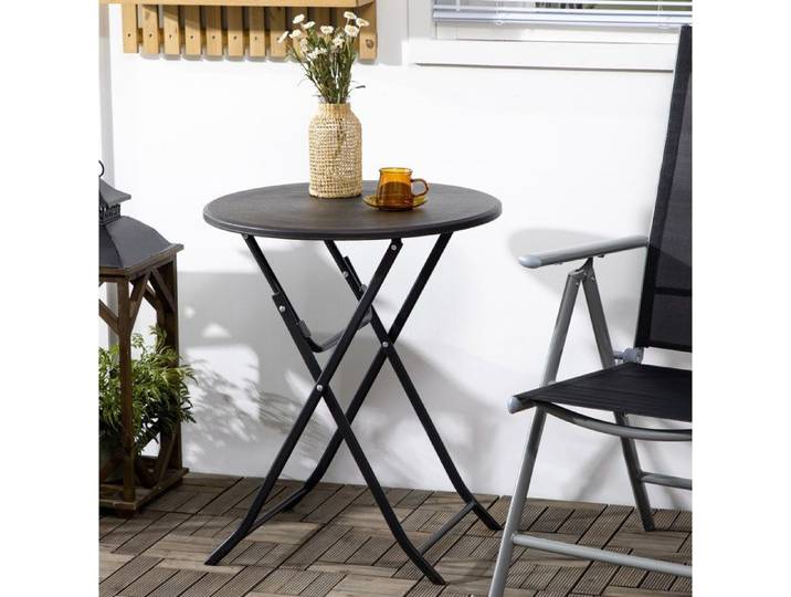 Table de jardin ronde pliante Ø60 cm en HDPE aspect bois et acier thermolaqué gris foncé