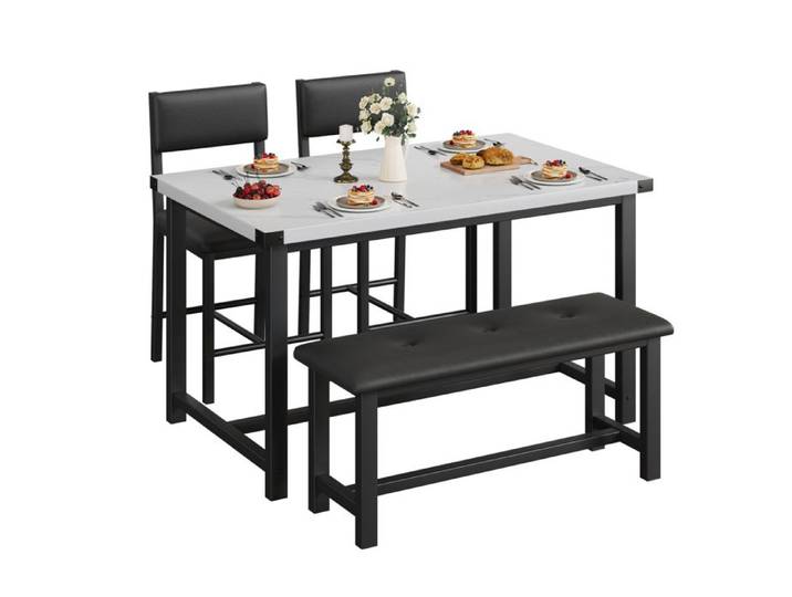 Ensemble table à manger industriel 1 table + 1 banc + 2 chaises plateau épais effet marbre