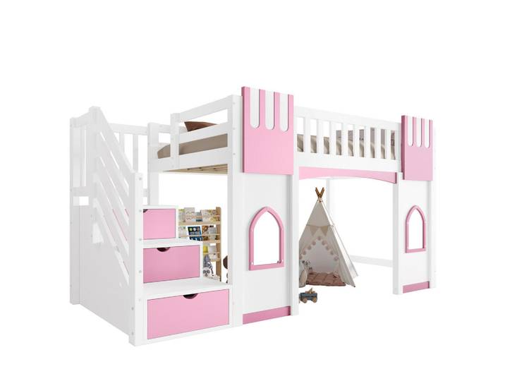 Stilvora Hochbett 90/200 cm in Weiß & Rosa mit Stauraumtreppe und Fenstern aus Holz im verspielten Design, 3 Fächer, 90x200 cm, Babymöbel & Kindermöbel, Kinderzimmer & Jugendzimmer, Kinderbetten, Hochbetten
