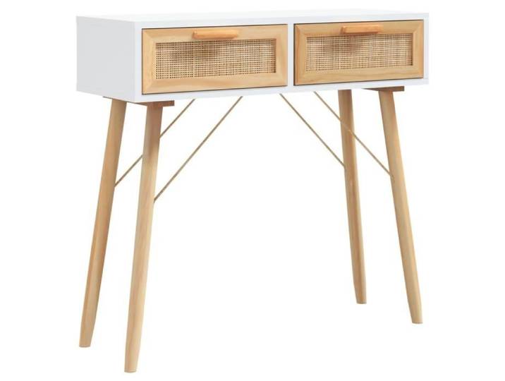 Table console - ESTINK - 80x30x75 cm - Bois massif pin - Rotin naturel - Blanc