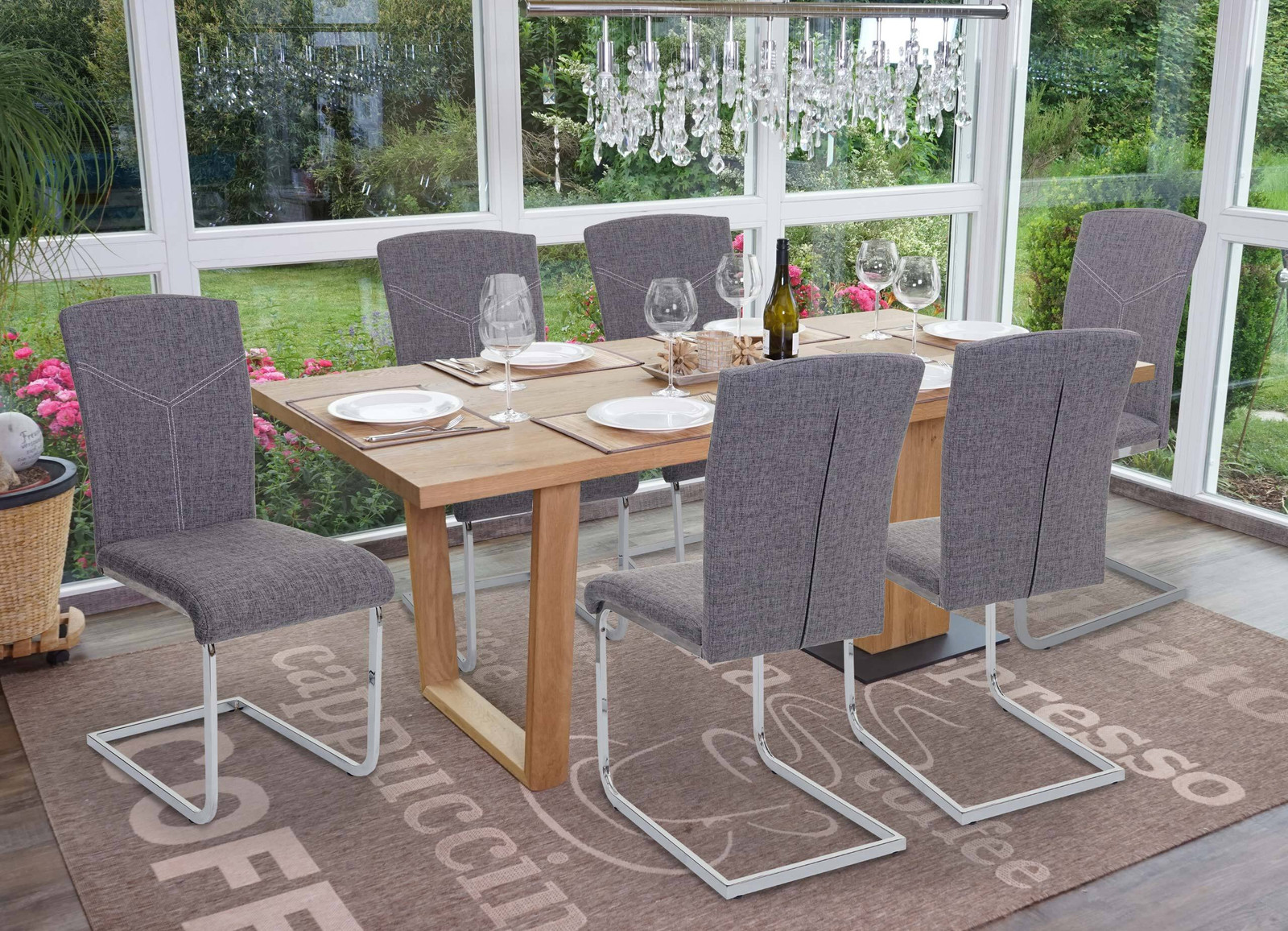 Set van 6 Mendler eetkamerstoelen HWC-F36, grijs textiel
