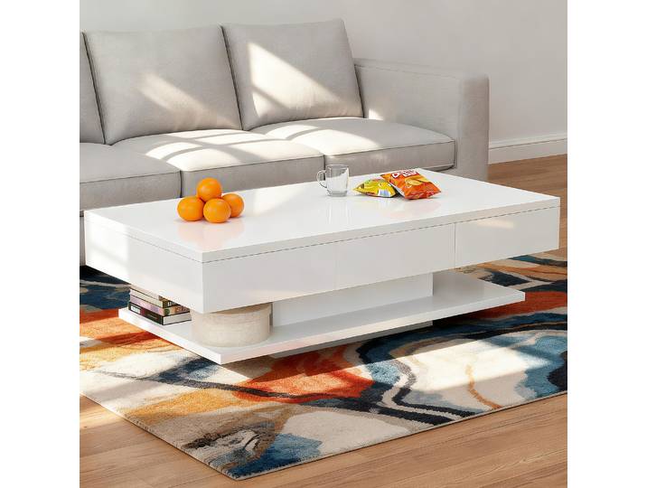 Table basse OYAJIA avec éclairage réglable – Table basse blanche avec étagères ouvertes et 2 tiroirs – Table basse rectangulaire moderne en bois
