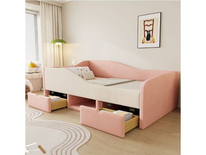 HOMVRA Lit enfant 90x190 cm lit simple avec 2 tiroirs et sommier velours rose et blanc crème (sans matelas)