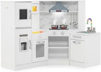 Costway Kids Corner Pretend Kitchen Playset with Separated Washing Basin-White