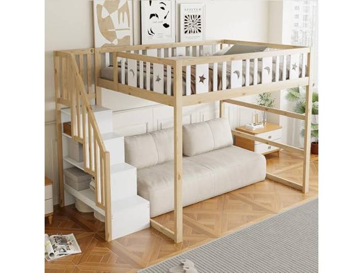 Merax Etagenbett Kinder 140x200 cm, Hochbett Massivholzrahmen mit Sicherheitsgeländer, Treppe mit Regalen, Platzsparend, Holzfarbe & Weiß (ohne Matratze, ohne Sofa)