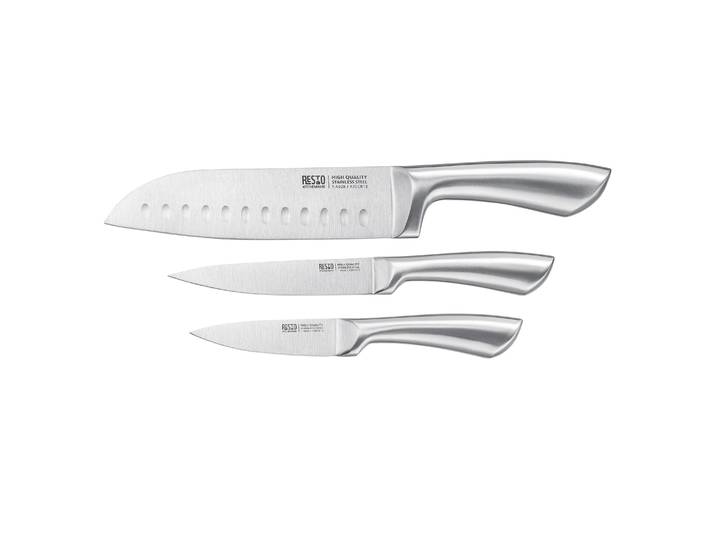 Messer-Set RESTO KITCHENWARE Merope, Edelstahlmesser 3-teilig in Magnet-Geschenkbox , silberfarben, Edelstahl, Kochmesser-Sets, Messer-Set, Santoku-Messer 18 cm, Universalmesser 13 cm, Schälmesser 9 cm