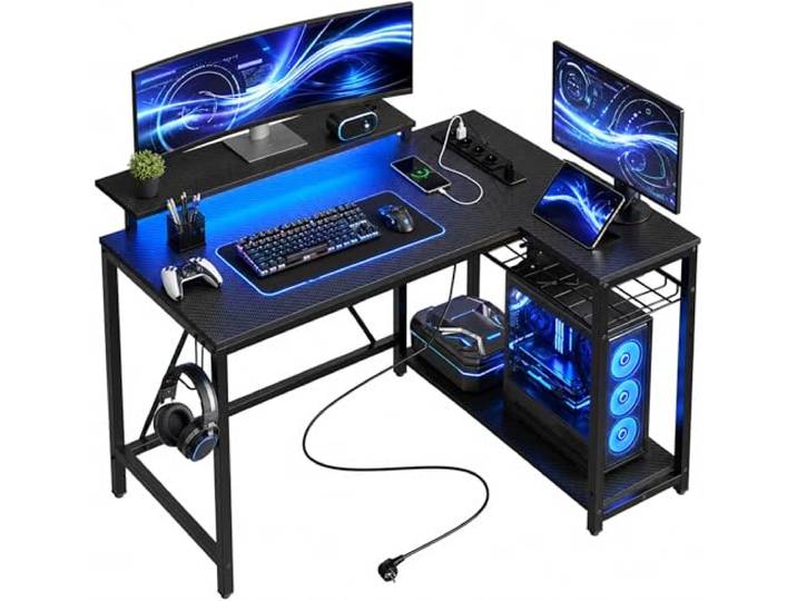 Five Stars® L-Vormig Game Bureau - 107x80x76 cm - Game Bureau met LED verlichting - Zwart Carbon - Hoekbureau - Gaming Desk - Computertafel
