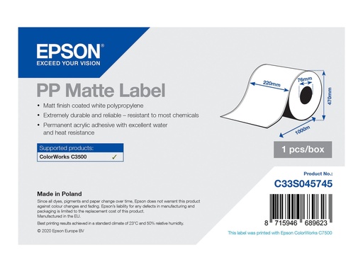 Epson Matt - Rolle (22 cm x 750 m) 1 Rolle(n) Etikettenpapier - für ColorWorks CW-C4000E (BK) (C33S045745)