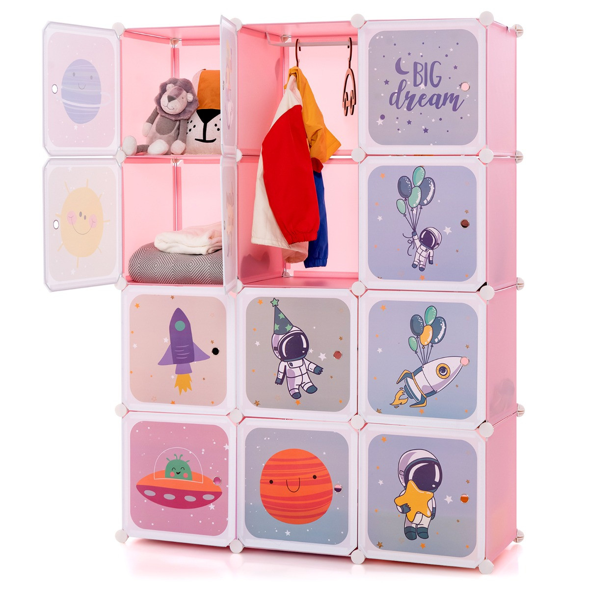 Costway Kinderkast met 2 Hangsecties en 12 Vakken in Roze