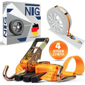NTG Spanngurt für Autotransporte, mit Spitzhaken und Ratsche, 3000kg Zurrkraft, DIN EN 12195-2, 35mm x 2,7m, 4 Stück