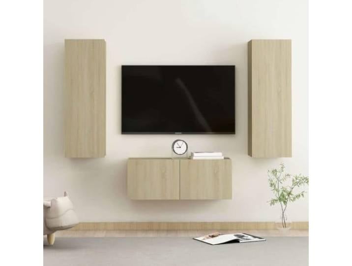 HEFZGDB TV-Schrank-Set Sonoma-Eiche 3-TLG. Wandmontage TV-Schrank mit Staufächern aus Holzwerkstoff, Robuster Fernsehschrank für Wohnzimmer, Modernes TV-Möbel mit Aufbewahrung