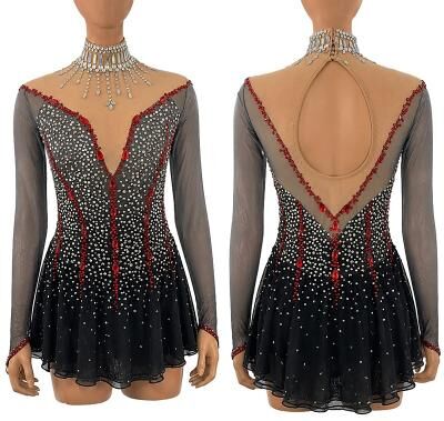 LightInthebox Black Red Rhinestone Figure Skating Dress for Women Girls – Long Sleeve Mesh Competition Costume with Deep V Open Back and Uneven Chiffon Skirt