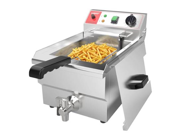 Valgus Kommerzielle elektrische Fritteuse aus Edelstahl 3000W 10L Großraum-Küchen-Fritteuse mit Korb und Deckel, Ablaufsystem
