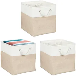 Relaxdays Aufbewahrungskorb, 3er Set, Leinen, mit Seilgriffen, Kleidung, Spielzeug, 28x28x28 cm, Regalkorb, beige/weiß