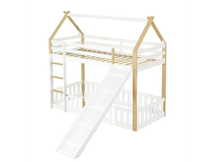 ComfortXL Etagenbett Dachform mit Rutsche Weiß+Natur 90x200cm, Naturfarben, Holz, 90x200 cm, Babymöbel & Kindermöbel, Kinderzimmer & Jugendzimmer, Stockbetten