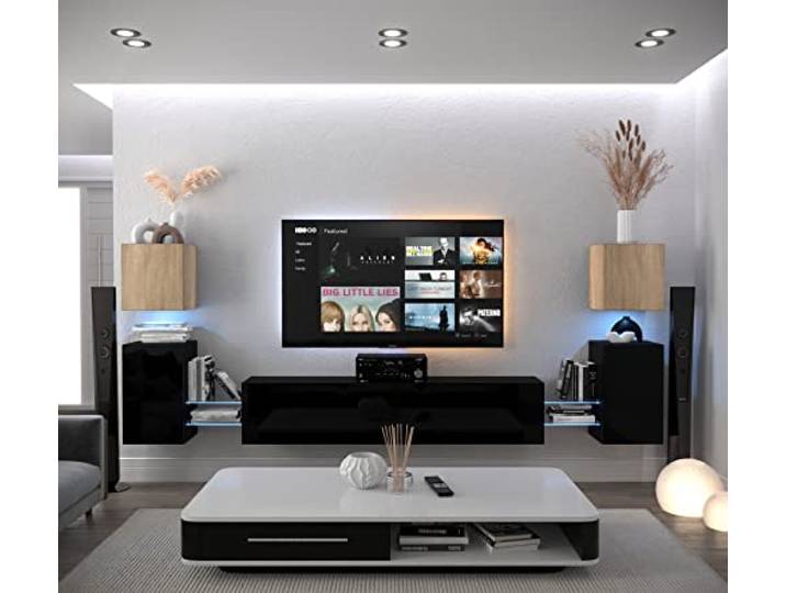 Furnitech Wohnwand Wohnzimmer Hängend Wohnwand Modern Wohnzimmer Schrankwand mit Regale und TV Schrank Wohnzimmer Möbel ohne LED (AN105-21SB-HGM4 1C)