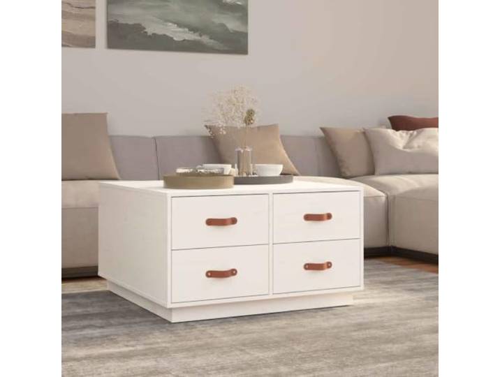HEFZGDB Couchtisch Weiß 80x80x45 cm Massivholz Kiefer mit 4 Schubladen – Stauraum Wohnzimmertisch – Robuster Sofatisch mit Stabiler Tischplatte für Getränke und Dekoration